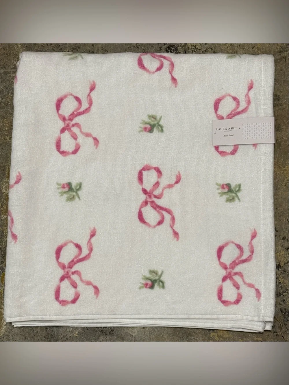 Laura Ashley Coquette Beach White Towel White Base Pink Ribbon & Rosebud Motif